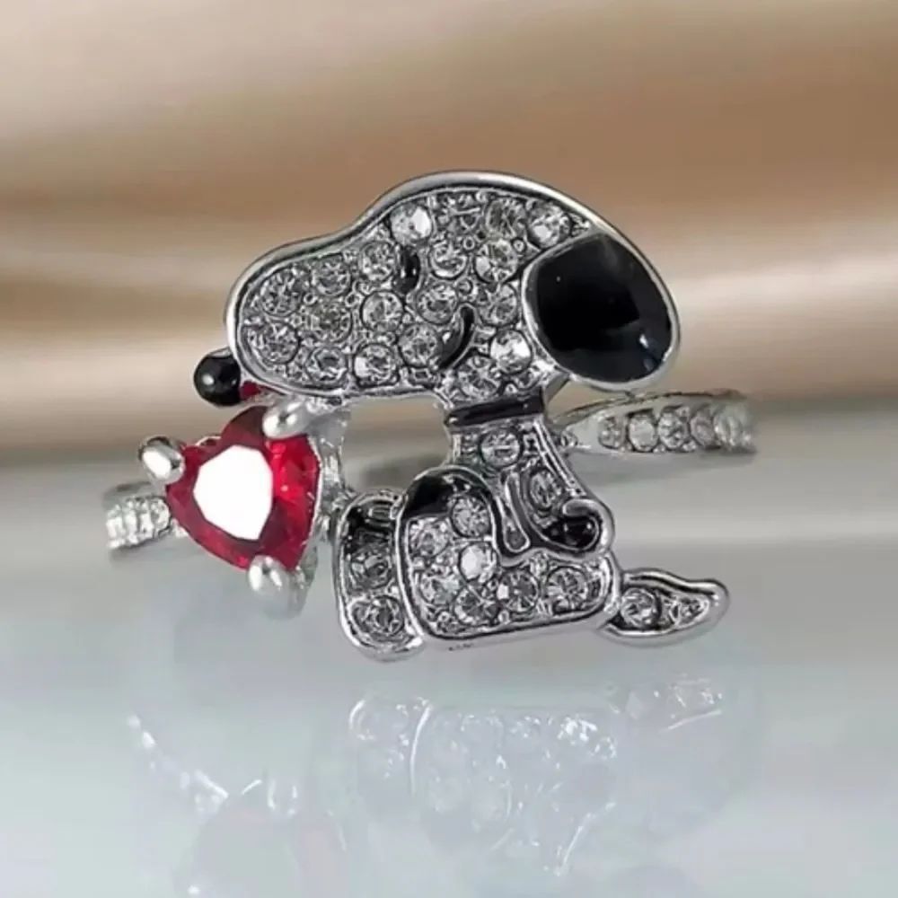 Sterling Silver Peanuts Snoopy Ruby Heart Diamond Ring